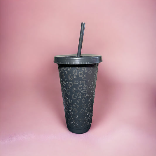 Black Leopard Glitter Print Tumbler Cup